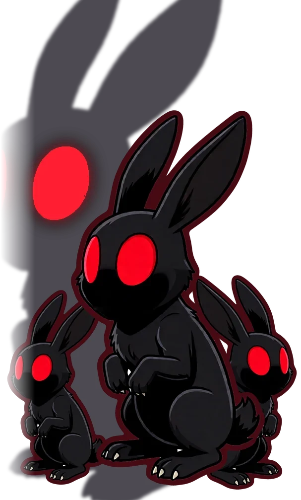 The Black Rabbits: several black rabbits with glowing red eyes, and a giant shadow rabbit behind them