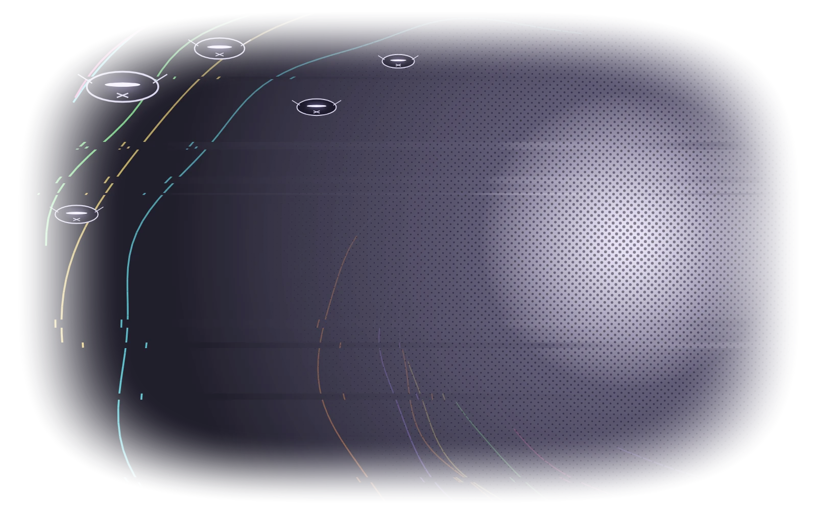 Clemmentine Background: colorful vibrations spiraling into her and draining to grey, watched by her Muter drones