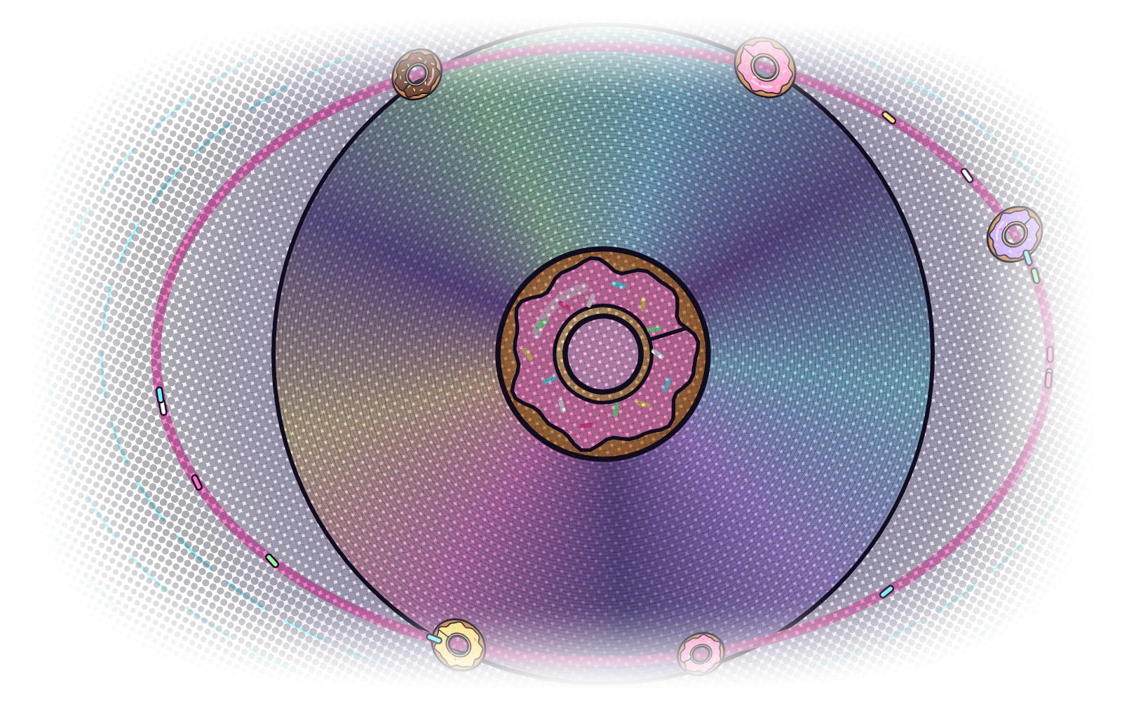 Disco Donut Background: a giant holographic disc with sonic pulse rings beating outward