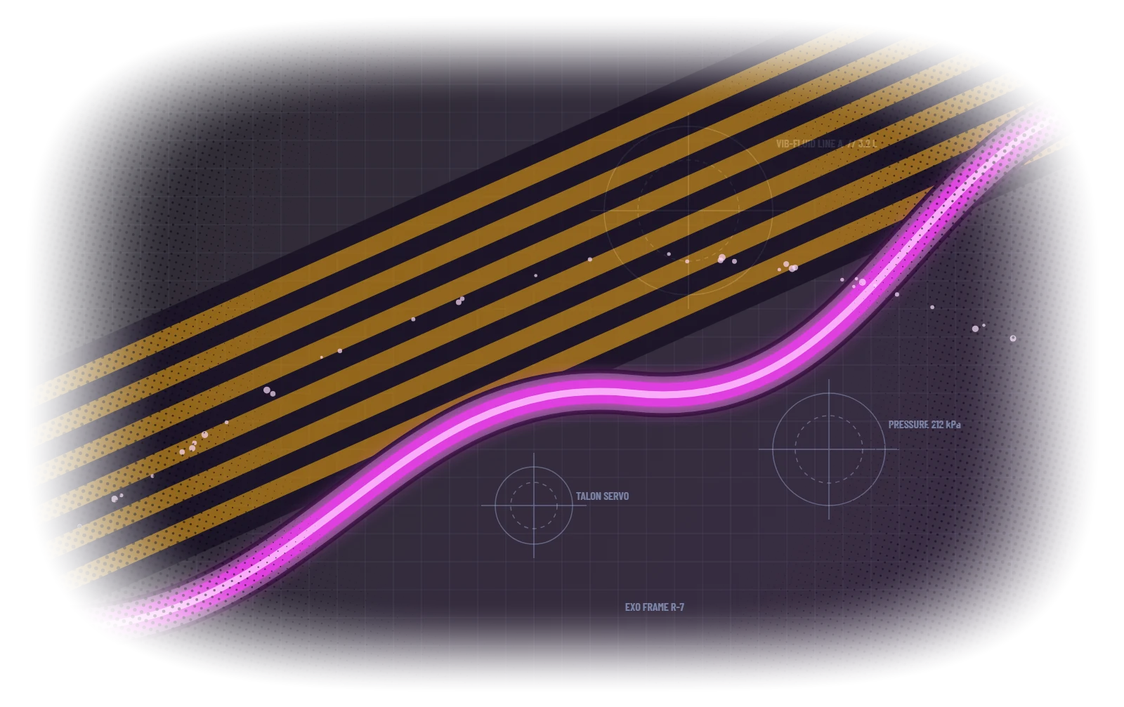 Runt Racer Background: a technical schematic, hazard stripes, and a glowing tube of liquid Vibrance