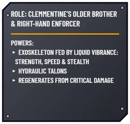 Runt Racer Description: Role, Clemmentine's older brother and right-hand enforcer. Powers: exoskeleton fed by liquid Vibrance for strength, speed and stealth; hydraulic talons; regenerates from critical damage
